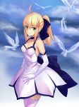  1girl ahoge artoria_pendragon_(all) berrykanry bird blonde_hair blue_bow bow breasts choker cleavage collarbone cowboy_shot dress elbow_gloves eyebrows_visible_through_hair fate/stay_night fate_(series) gloves green_eyes hair_between_eyes hair_bow highres long_hair looking_at_viewer medium_breasts ponytail saber short_dress sideboob sidelocks sleeveless sleeveless_dress smile solo standing white_dress white_gloves 