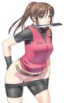  bike_shorts blue_eyes brown_hair claire_redfield kansuke knife latex long_hair mouth_hold no_panties no_pussy ponytail resident_evil resident_evil_2 solo 