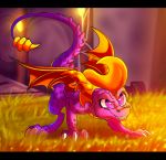  2018 digital_media_(artwork) dragon feral grass horn male plaguedogs123 purple_eyes scalie smile solo spines spyro spyro_the_dragon teeth video_games western_dragon 