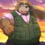  2017 anthro belly blush brown_fur canine clothing emufu fur humanoid_hands male mammal overweight overweight_male shirt solo tanuki 