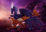  2018 blue_eyes claws day detailed_background digital_media_(artwork) dragon duo feathered_dragon feathered_wings feathers female feral feral_on_feral male male/female membranous_wings outside scalie selianth sky spines western_dragon wings 