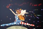  absurdres ai_ken american_flag_dress american_flag_legwear armpits arms_up bare_arms blonde_hair clownpiece commentary english english_commentary fairy_wings from_side full_body hat highres holding jester_cap long_hair moon nail_polish open_mouth polka_dot profile sleeveless solo star torch touhou wings 