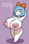  2018 anthro areola big_breasts blue_hair blush breasts digital_media_(artwork) english_text female hair huge_breasts humanoid hyper hyper_breasts kirlia mr.under nintendo nipples nude pok&eacute;mon pok&eacute;mon_(species) shiny_pok&eacute;mon short_stack simple_background solo text thick_thighs video_games wide_hips 