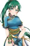  aone_hiiro blush breasts comic earrings eyebrows_visible_through_hair fingerless_gloves fire_emblem fire_emblem:_rekka_no_ken gloves green_eyes green_hair hair_over_one_eye head_tilt jewelry large_breasts long_hair lyndis_(fire_emblem) pelvic_curtain ponytail smile solo thighs white_background 