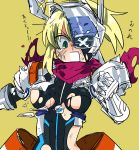 absurdres ahoge armor artoria_pendragon_(all) blonde_hair bodysuit breasts broken_helmet commentary_request fate/grand_order fate_(series) gauntlets green_eyes highres mysterious_heroine_xx_(foreigner) open_mouth scarf solo tears torn_bodysuit torn_clothes uotsu_(sabakou) 