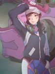  alternate_hairstyle baseball_cap blue_bodysuit bodysuit brown_eyes brown_hair d.va_(overwatch) dirty_face gloves hand_on_hip hat headphones headphones_around_neck highres jacket kukie-nyan mecha overwatch parted_lips ribbed_bodysuit shooting_star_d.va skin_tight solo wrench 