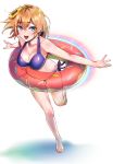  :d absurdres barefoot bikini blue_eyes breasts cleavage doughnut_innertube eyebrows_visible_through_hair floating_hair flower full_body hair_between_eyes hair_flower hair_ornament highres innertube kujuu_shikuro leg_up light_brown_hair looking_at_viewer miyamori_aoi open_mouth outstretched_arms purple_bikini shiny shiny_clothes shiny_hair shirobako side-tie_bikini simple_background smile solo sunflower swimsuit white_background 