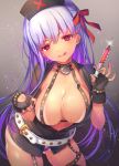  :p bb_(fate)_(all) bb_(swimsuit_mooncancer)_(fate) belt breasts choker cleavage commentary_request fate/grand_order fate_(series) fingerless_gloves gloves hair_ribbon hat highres large_breasts long_hair looking_at_viewer nurse nurse_cap purple_hair red_eyes ribbon solo syringe tongue tongue_out very_long_hair vivivivi 