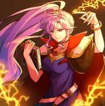  belt book bracelet breasts bridal_gauntlets cleavage closed_mouth commentary elbow_gloves fire_emblem fire_emblem:_seisen_no_keifu gloves holding holding_book hzk_(ice17moon) ishtar_(fire_emblem) jewelry large_breasts lavender_hair lightning long_hair ponytail purple_eyes side_ponytail sidelocks solo white_belt white_gloves 