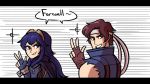  1girl blue_eyes blue_hair brown_hair cape castlevania castlevania:_rondo_of_blood commentary english_commentary fingerless_gloves fire_emblem fire_emblem:_kakusei gloves headband long_hair looking_at_viewer lucina open_mouth richter_belmondo scruffyturtles short_hair simple_background smile super_smash_bros. super_smash_bros._ultimate tiara 