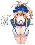  ahoge arms_behind_back artoria_pendragon_(all) baseball_cap bdsm bikini bikini_top blonde_hair blue_eyes bondage bound bound_wrists breasts commentary covered_nipples cropped_legs fate/grand_order fate_(series) hair_through_headwear hat highres large_breasts mouth_hold mysterious_heroine_xx_(foreigner) ponytail shrug_(clothing) swimsuit watosu 