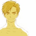  alphonse_elric bare_shoulders blonde_hair close-up fullmetal_alchemist looking_at_viewer lowres male_focus mattsu shaded_face shirtless short_hair simple_background smile upper_body white_background yellow_eyes 
