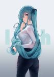  alternate_costume aqua_eyes aqua_hair bangs blush bow breasts closed_mouth commentary_request gradient gradient_background hair_between_eyes hair_bow hatsune_miku holding holding_hair long_hair looking_at_viewer looking_back medium_breasts pants pre_(17194196) simple_background solo standing twintails vocaloid 