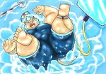  2018 anthro belly boar bulge butt eyewear gouryou humanoid_hands male mammal mohawk overweight overweight_male porcine solo sunglasses surfboar surfboard surfing tokyo_afterschool_summoners usikuma6 water wetsuit 