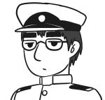  :/ admiral_(kantai_collection) bangs blew_andwhite character_request closed_mouth commentary_request expressionless flat_color glasses greyscale half-closed_eyes hat highres jitome kantai_collection male_focus military_jacket monochrome nose peaked_cap portrait simple_background sketch solo thick_eyebrows white_background 