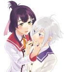  2girls :d ahoge artist_request blush couple eating eye_contact eyebrows_visible_through_hair eyes_visible_through_hair female food green_eyes happy itomi_sayaka long_sleeves looking_at_another multiple_girls open_mouth parted_lips purple_eyes purple_hair school_uniform short_hair silver_hair simple_background smile toji_no_miko upper_body white_background yanase_mai yuri 