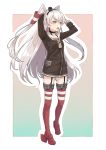  amatsukaze_(kantai_collection) arms_up black_hairband black_shirt brown_eyes dress_shirt floating_hair full_body garter_straps grey_neckwear hairband hat highres kantai_collection long_hair mini_hat open_mouth red_footwear red_legwear shirt silver_hair smokestack_hair_ornament solo standing thighhighs tilted_headwear two_side_up ueno_(sakumogu-029) very_long_hair white_background 