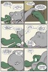  2018 alligator angie_(study_partners) anthro comic crocodilian duo elephant english_text eyes_closed fangs female green_eyes looking_back male male/female mammal nude open_mouth ragdoll_(study_partners) reptile scalie speech_bubble study_partners teeth text thunderouserections trunk tusks young 