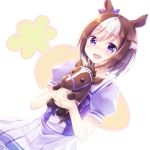  :d animal_ears blush bow brown_hair carrot hair_bow hands_up highres holding holding_stuffed_animal horse_ears horse_girl multicolored_hair nyaa_(nnekoron) open_mouth purple_bow purple_eyes school_uniform short_hair short_sleeves skirt smile solo special_week standing stuffed_animal stuffed_horse stuffed_toy two-tone_hair umamusume white_background white_skirt 