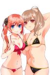  arm_behind_head armpits bikini black_bikini blue_eyes blush breasts brown_hair cleavage collarbone eyebrows_visible_through_hair genderswap genderswap_(mtf) gintama hair_between_eyes hair_bun hair_over_shoulder highres kagura_(gintama) long_hair looking_at_viewer medium_breasts multiple_girls navel okita_sougo orange_hair red_bikini red_eyes shiny shiny_hair shiny_skin sideboob simple_background standing swimsuit twintails underboob white_background yorozuygintamam 