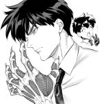  black_hair closed_eyes closed_mouth dress_shirt fingernails greyscale jigoku_sensei_nube male_focus monochrome muscle necktie nueno_meisuke sharp_fingernails shirt short_hair smile solo upper_body v yukiyago 