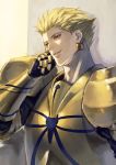  armor blonde_hair earrings fate/stay_night fate_(series) gauntlets gilgamesh gold_armor grin hair_slicked_back hand_on_own_cheek index_finger_raised jewelry male_focus parted_lips pauldrons smile solo upper_body yukiyago 
