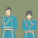  amestris_military_uniform arms_behind_back beard black_eyes black_hair blue_eyes cowboy_shot crossed_arms facial_hair fullmetal_alchemist glasses grey_background height_difference looking_at_another maes_hughes male_focus mattsu military military_uniform multiple_boys roy_mustang short_hair side-by-side simple_background smile standing uniform 
