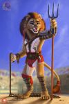  2018 ancient_rome anthro armor clothing conditional_dnp delkon digital_media_(artwork) feline fur gladiator gold_fur lion looking_at_viewer male mammal open_mouth retiarius roman rome smile solo standing weapon 