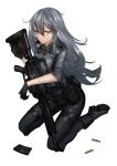  assault_rifle commentary fixro2n gloves gun highres holding holding_gun holding_weapon kneeling load_bearing_equipment long_hair m4_carbine magazine_(weapon) original rifle shiny shiny_skin silver_hair solo weapon white_background yellow_eyes 