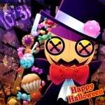 bow bowtie button_eyes candy commentary_request crescent_moon cross cupcake dated flower_ornament food halloween happy_halloween hat heart jack-o'-lantern kirby's_epic_yarn kirby_(series) kurosiro lollipop magician moon no_humans pumpkin red_bow red_neckwear silk spider_web squashini star tombstone top_hat wand watermark 