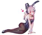  alternate_costume alternate_hairstyle animal_ears arm_garter arm_support bad_id bad_twitter_id bangs bare_shoulders blush bow bowtie breasts bunny_ears bunnysuit cleavage detached_collar eyebrows_visible_through_hair flying_heart girls_frontline hair_between_eyes hair_ornament hairclip hanato_(seonoaiko) highres iws-2000_(girls_frontline) large_breasts leotard long_hair looking_at_viewer pantyhose ponytail red_eyes ribbon sidelocks silver_hair simple_background smile solo tail twitter_username white_background wrist_cuffs 