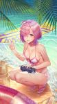  :d ahoge animal animal_on_lap bangs beach bikini bikini_skirt black_cat bottle bow bow_bikini breasts cat cat_on_lap caustics choker cleavage closed_eyes collarbone cork day fate/grand_order fate_(series) feet from_side full_body hair_over_one_eye halter_top halterneck hand_up happy highres innertube lavender_hair legs_together light_particles looking_at_viewer lying mash_kyrielight medium_breasts nail_polish ocean on_stomach one_eye_covered open_mouth outdoors petting pink_bow pink_choker pink_hair pink_nails purple_eyes sand_castle sand_sculpture sandals see-through short_hair sideboob sideways_glance smile solo squatting straight_hair surfboard swimsuit thighs tree_branch tree_shade ttutto v water white_bikini white_footwear 