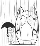  2014 ambiguous_gender annoyed anthro barefoot biped black_and_white cat clothed clothing cub duo featureless_crotch featureless_feet featureless_hands feline frown fully_clothed fur fur_markings ghibli holding_object larger_ambiguous male mammal markings monochrome my_neighbor_totoro nude raining saku1saya shirt shorts simple_background size_difference smaller_male standing umbrella wet wet_fur white_background young 