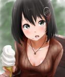  bench black_hair blush bralines breasts brown_sweater cleavage collarbone commentary_request eyebrows_visible_through_hair food food_on_face grey_eyes haguro_(kantai_collection) hair_between_eyes highres ice_cream ice_cream_cone kantai_collection large_breasts long_sleeves looking_at_viewer open_mouth see-through shirt short_hair sitting solo sweater tama_(seiga46239239) 