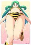  animal_print aqua_eyes bangs bikini blush boots breasts cameltoe closed_mouth commentary_request eyebrows_visible_through_hair eyeshadow from_below green_hair highres horns kouda_tomohiro long_hair looking_at_viewer looking_down lum makeup navel oni oni_horns sidelocks simple_background smile solo standing swimsuit thighs tiger_print urusei_yatsura 
