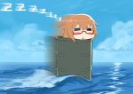  =_= bangs blew_andwhite blue_sky blush_stickers brown_hair chibi chin_rest closed_eyes cloud cloudy_sky commentary_request day drooling drum_(container) facing_viewer graphite_(medium) hair_between_eyes horizon kantai_collection long_hair mochizuki_(kantai_collection) motion_blur no_nose ocean outdoors parted_bangs red-framed_eyewear semi-rimless_eyewear sketch sky sleeping solo traditional_media under-rim_eyewear waves zzz 