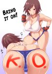  1girl armpits ass bare_shoulders bent_over black_gloves blush body_writing breasts brown_hair butt_crack cleavage collarbone commentary_request curvy fingerless_gloves gloves grin hand_on_hip hard_translated highres kazama_asuka konno_tohiro large_breasts looking_at_viewer micro_shorts multiple_views navel pink_eyes revealing_clothes short_hair short_shorts shorts smile sports_bra stomach sweat tekken translated tsurime wet wet_clothes 