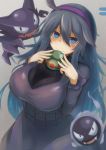  ahoge akahuzi blue_eyes blush breasts closed_mouth eyebrows_visible_through_hair gastly hairband haunter hex_maniac_(pokemon) highres holding holding_poke_ball large_breasts long_hair long_sleeves looking_at_viewer poke_ball pokemon pokemon_(creature) pokemon_(game) pokemon_xy purple_hair smile solo 