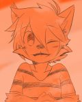  2014 anthro black_nose canine cheek_tuft child clothed clothing cub cute_fangs dog eyebrows_visible_through_hair fangs fur hair happy looking_at_viewer male mammal one_eye_closed open_mouth open_smile orange_background orange_eyes orange_fur orange_hair orange_theme restricted_palette saku1saya shirt simple_background smile solo teeth tongue tuft young 