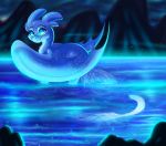  2018 blue_eyes blue_theme detailed_background digital_media_(artwork) female feral light_fury membranous_wings partially_submerged plaguedogs123 scales smile solo water white_scales wings 