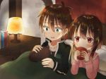  1girl bad_id bad_pixiv_id blush brown_hair cat chomusuke commentary drinking green_eyes highres jacket kono_subarashii_sekai_ni_shukufuku_wo! lamp megumin pajamas petting red_eyes satou_kazuma short_hair track_jacket under_covers yuno_(suke_yuno) 