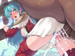  animal aqua_hair bar_censor bestiality blue_eyes blue_hair blush boots boris_(noborhys) censored clothed_sex commentary_request cum cum_in_pussy eirika fire_emblem fire_emblem:_seima_no_kouseki fire_emblem_heroes from_behind highres horse interspecies long_hair open_mouth overflow panties panties_aside penis red_earrings red_legwear sex skirt thigh_boots thighhighs tongue tongue_out underwear vaginal 