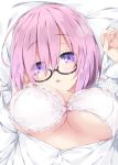  arm_up bangs bed_sheet black-framed_eyewear blush bow bow_bra bra breasts buttons cleavage commentary dress_shirt eyebrows_visible_through_hair eyes_visible_through_hair fate/grand_order fate_(series) fingernails frilled_bra frills from_above glasses hair_between_eyes hand_up head_tilt lace lace-trimmed_bra lens_flare long_fingernails long_sleeves looking_at_viewer lying mash_kyrielight medium_breasts milkpanda on_back open_clothes open_shirt parted_lips partially_unbuttoned pink_bow purple_eyes purple_hair round_eyewear semi-rimless_eyewear shirt solo straight_hair strap_gap unbuttoned under-rim_eyewear underboob underwear white_bra white_shirt 