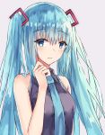  akaya_(pixiv20545353) bangs bare_shoulders black_shirt blue_eyes blue_hair blue_neckwear blush breasts collared_shirt commentary_request eyebrows_visible_through_hair grey_background hair_between_eyes hair_ornament hatsune_miku highres long_hair medium_breasts necktie parted_lips shirt sidelocks simple_background sleeveless sleeveless_shirt smile solo twintails very_long_hair vocaloid 