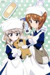  absurdres apron bag bandages blue_dress boko_(girls_und_panzer) brown_eyes brown_hair buttons collared_shirt dress eyebrows_visible_through_hair first_aid_kit girls_und_panzer hair_ribbon hat highres holding holding_stuffed_animal light_brown_hair magazine_scan medicine medicine_bottle megami multiple_girls nishizumi_miho nurse nurse_cap official_art polka_dot polka_dot_background ribbon scan shimada_arisu shirt shoulder_bag sleeve_cuffs smile stitches stuffed_animal stuffed_toy syringe tape teddy_bear tying x_x yoshida_nobuyoshi 