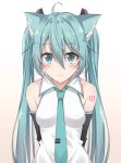  ahoge akira_(been0328) animal_ears aqua_eyes aqua_hair arms_behind_back bangs blush cat_ears detached_sleeves eyebrows_visible_through_hair hair_between_eyes hatsune_miku kemonomimi_mode long_hair looking_at_viewer necktie sidelocks simple_background solo twintails upper_body very_long_hair vocaloid white_background 