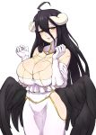  absurdres ahoge albedo bare_shoulders black_hair black_wings blush breast_squeeze breasts curvy demon_girl demon_horns demon_wings dress dungbae eyebrows_visible_through_hair feathered_wings gloves hair_between_eyes highres hip_vent hips horns huge_breasts long_hair looking_at_viewer low_wings nose_blush overlord_(maruyama) smile solo very_long_hair white_dress white_gloves wings yellow_eyes 