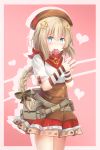  absurdres arm_warmers belt belt_pouch beret blue_eyes blush braid commentary condom condom_in_mouth engrish_commentary fn_fnc_(girls_frontline) girls_frontline grandapple71 hair_ornament hair_ribbon hairclip hands_clasped hat highres long_braid long_hair looking_at_viewer mouth_hold own_hands_together pouch ribbon scarf simple_background solo 