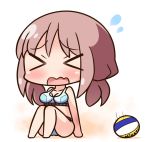  &gt;_&lt; bangs bare_arms bare_legs bare_shoulders barefoot bikini blue_bikini blush breasts brown_hair chibi closed_eyes collarbone commentary_request eyebrows_visible_through_hair facing_viewer flying_sweatdrops hana_kazari harukana_receive large_breasts long_hair oozora_haruka_(harukana_receive) open_mouth sitting solo speed_lines swimsuit volleyball wavy_mouth white_background 