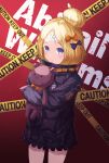  abigail_williams_(fate/grand_order) absurdres background_text bangs black_jacket blonde_hair blue_eyes blush bow caution_tape character_name closed_mouth commentary fate/grand_order fate_(series) hair_bow hair_bun heroic_spirit_traveling_outfit highres hyangu jacket keep_out long_hair long_sleeves looking_at_viewer object_hug orange_bow parted_bangs polka_dot polka_dot_bow purple_bow red_background sleeves_past_fingers sleeves_past_wrists solo stuffed_animal stuffed_toy teddy_bear 